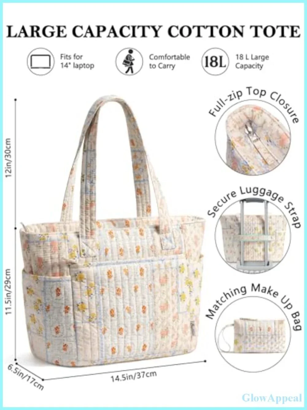 Quilted Cotton Tote Bag with Laptop Sleeve for Women Work Teacher Nurse